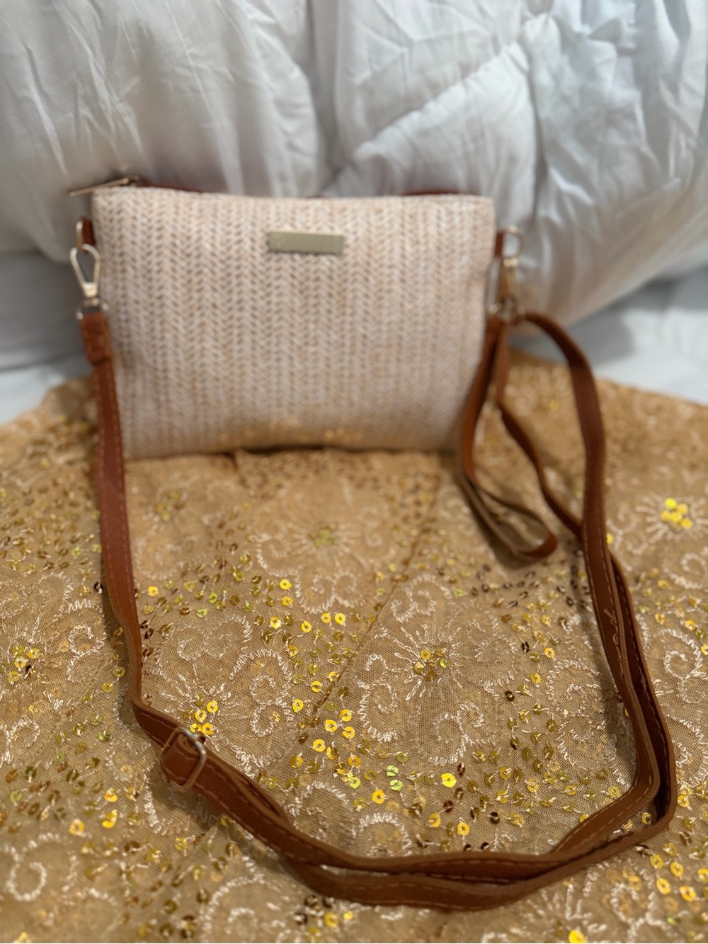 Woven Straw Crossbody Bag with Brown Trim - Neutral - Picture 2 of 7